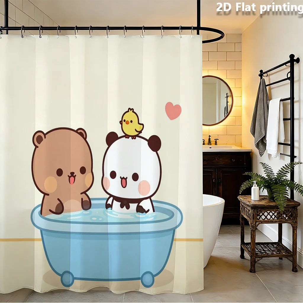rideau douche imperméable ours dessin animé baignoire illustration 2d anneaux métalliques beige marron blanc