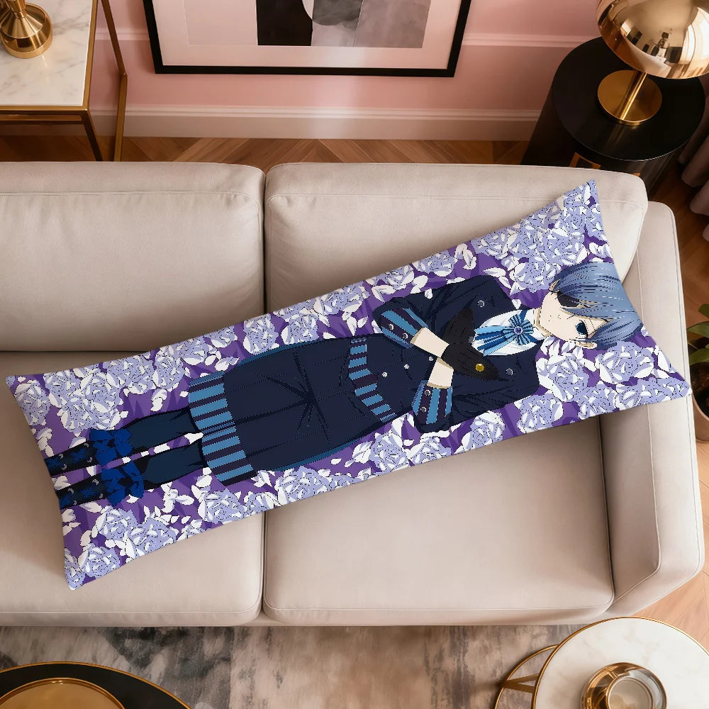 coussin allongé anime violet bleu blanc fleurs stylisées personnages 100 polyester double face imprimé