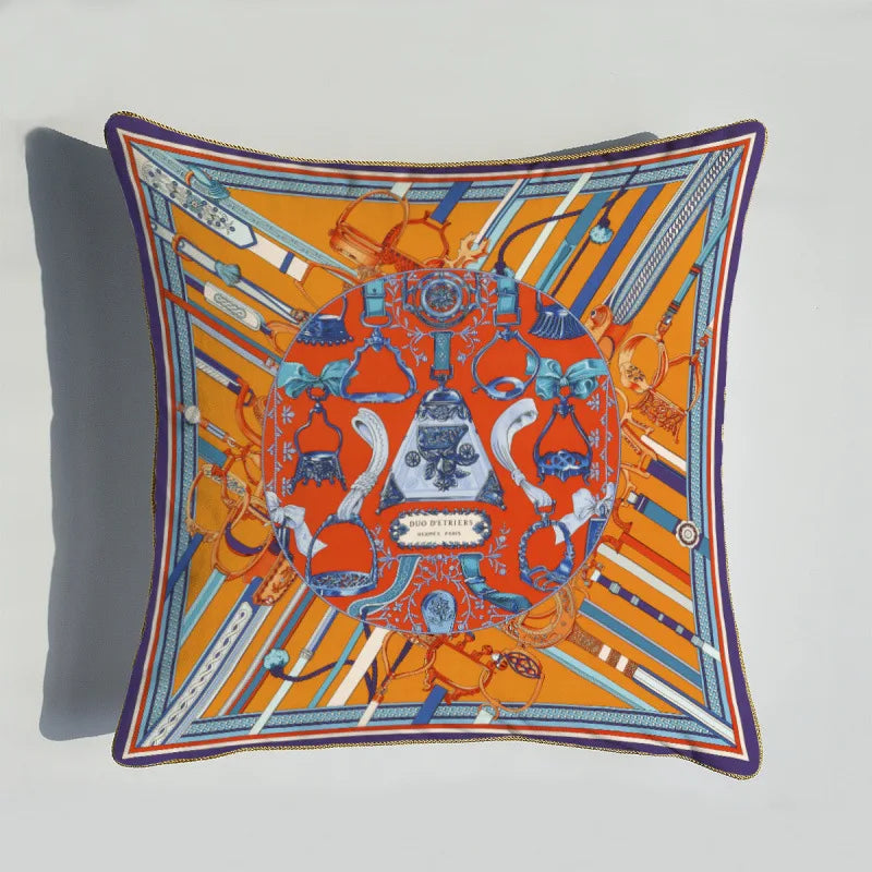 coussin decoratif velours orange motif cheval moderne bord doré 45x45cm sofa decoration