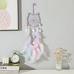 attrape rêves boho plumes pompons lune étoile motif chat violet rose pastel