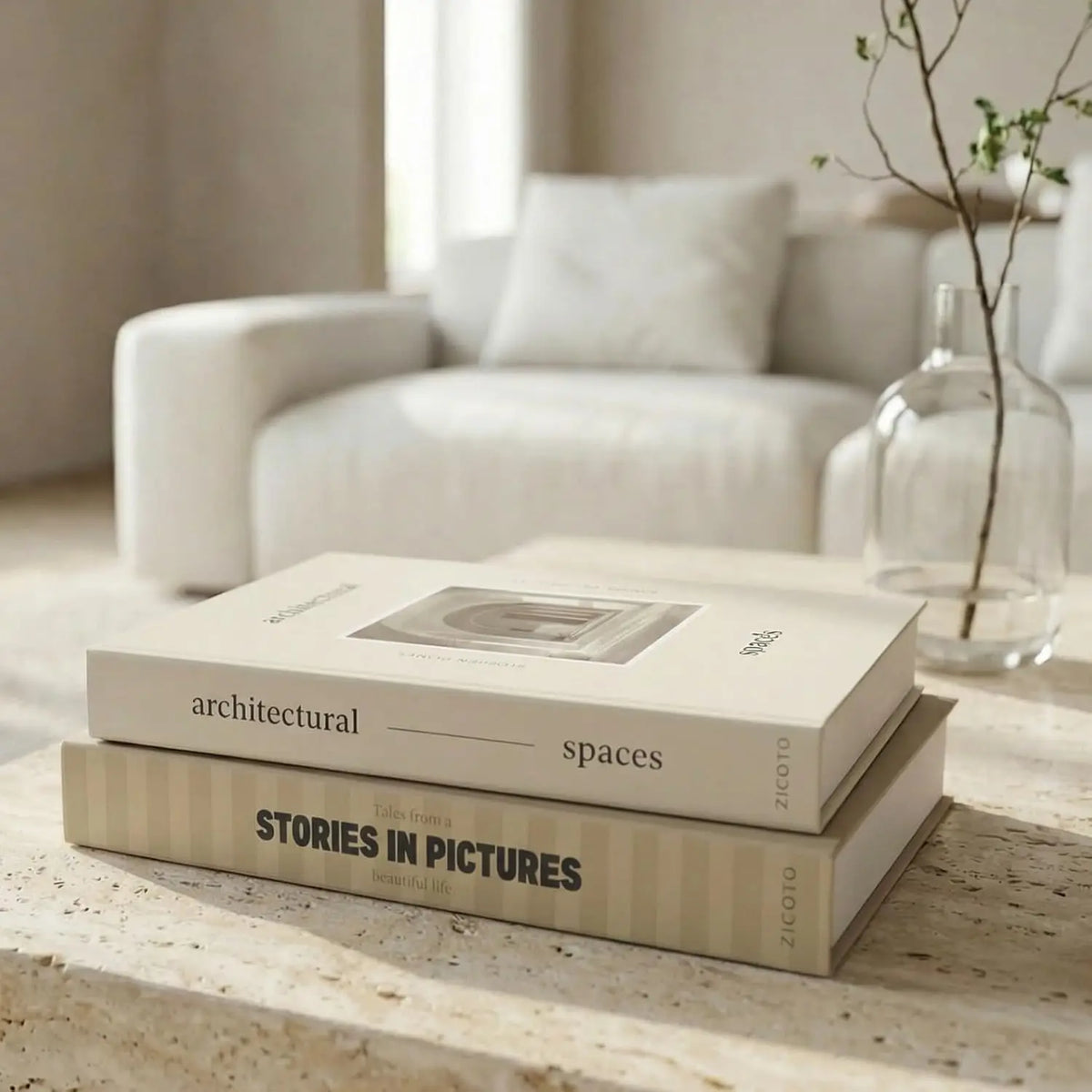 décor maison livres faux minimaliste beige lisse moderne élégant salon contemporain subtiles impressions graphiques