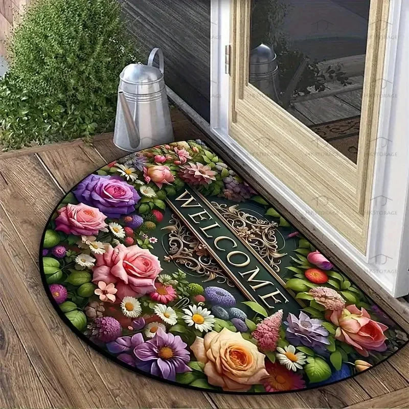 tapis d'entrée rectangulaire motif fleurs bienvenue couleur multicolore doux antidérapant maison cuisine couloir