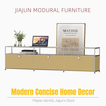 meuble tv bas modulaire beige métal moderne buffet salon long rangement minimaliste scandinave