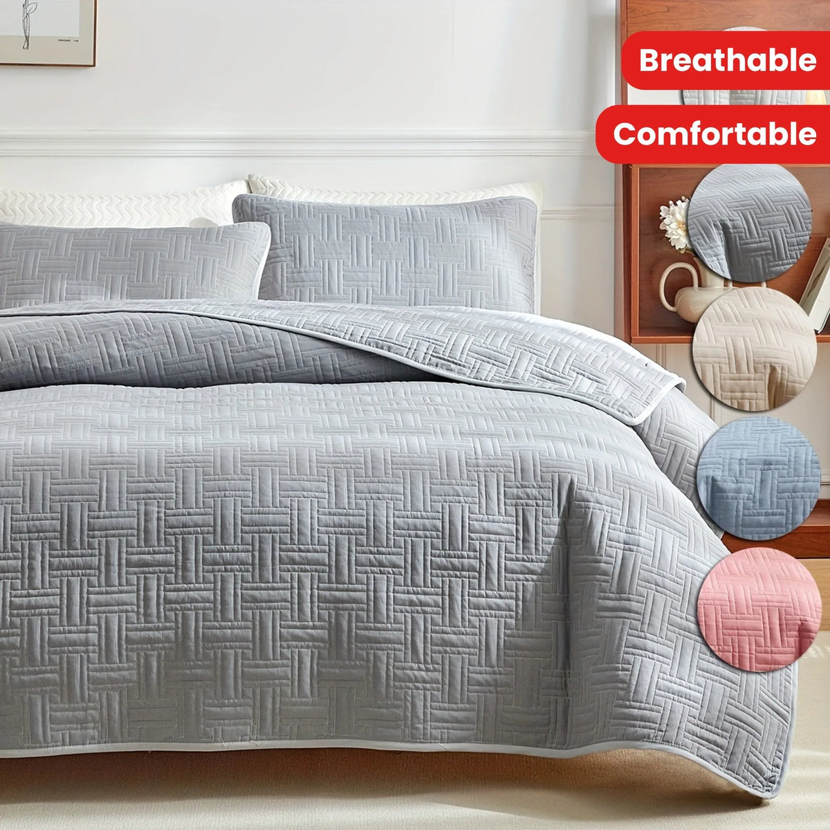 ensemble literie moderne housses couette taies oreiller matelassees geometriques gris blanc beige bleu rose