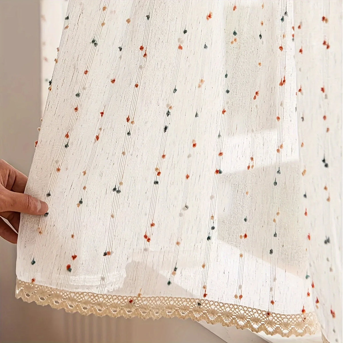 rideaux fenetre transparents motif dentelle vintage rustique inclusion tulle blanc crem orange bleu vert