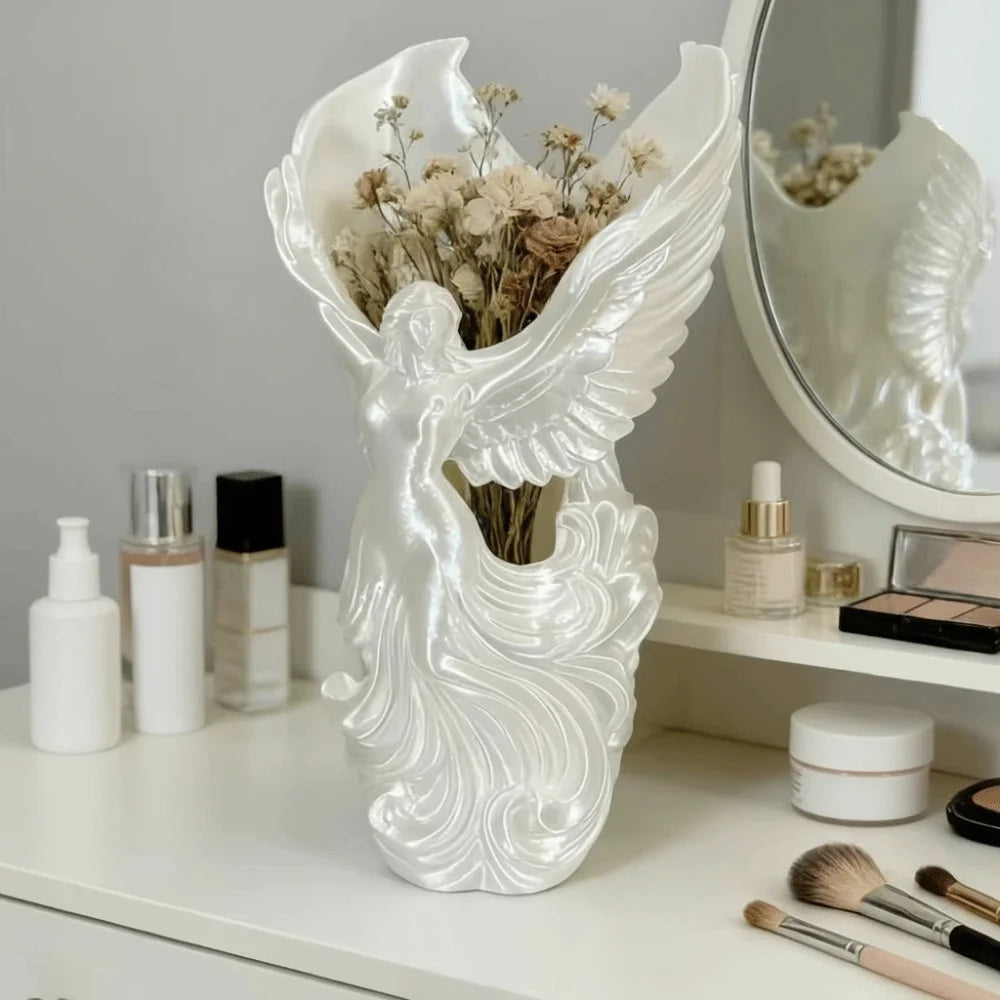 vase decoratif ange blanc art deco ondulations ailes deployees table fleurs objetos