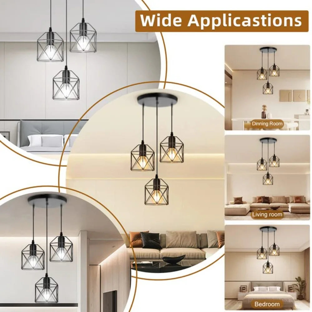 suspension industrielle moderne trois lumières abat jours métalliques noir doré adjustable