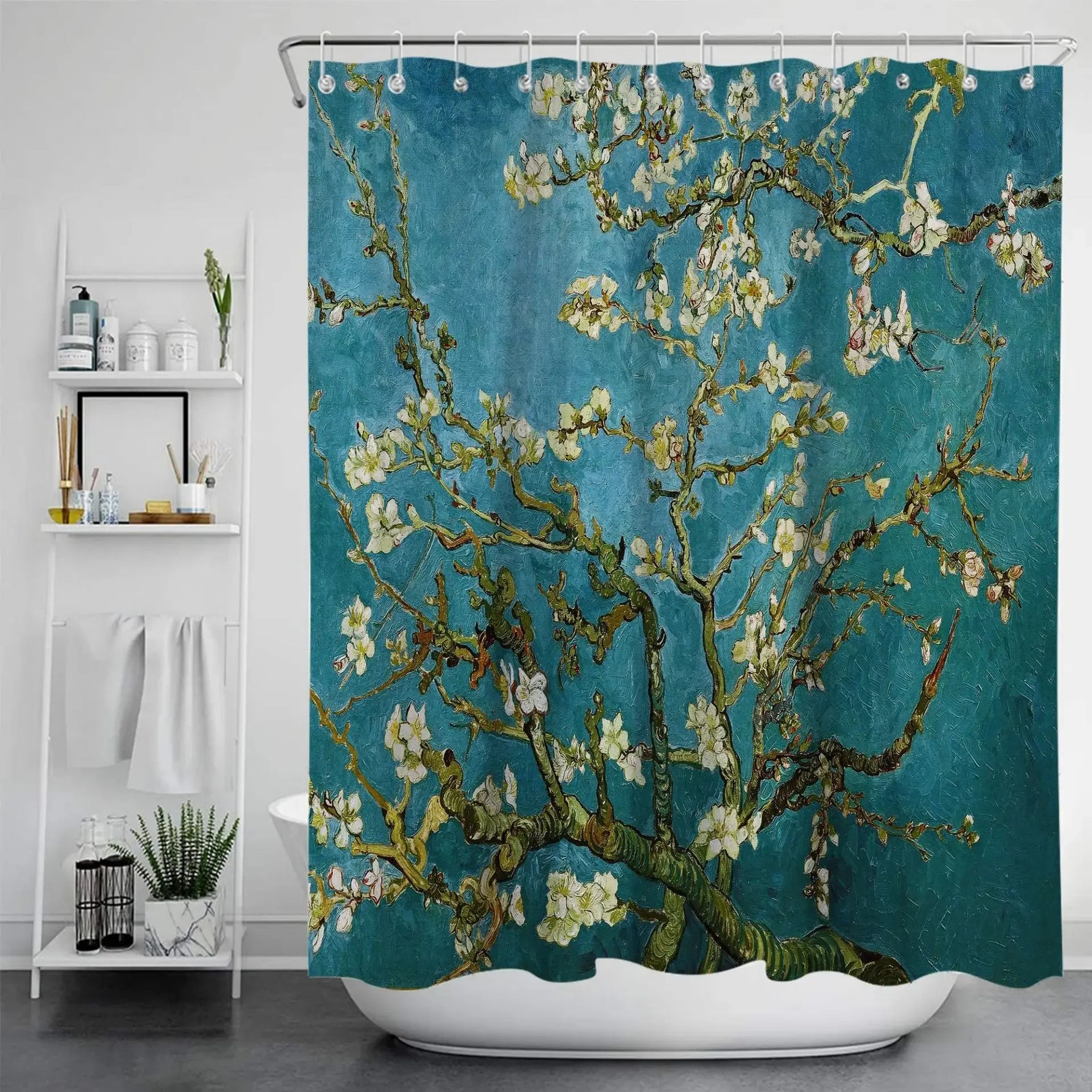 Reproduction du tableau “Almond Blossom” de Van Gogh, montrant des branches fleuries blanches sur un fond bleu turquoise.