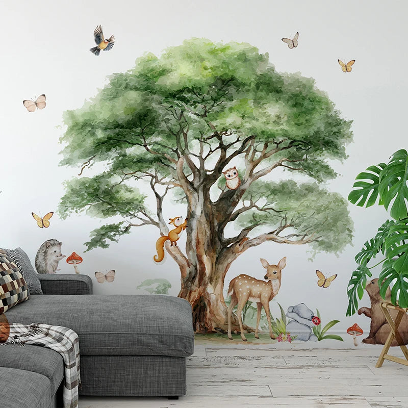 sticker mural animal peinture aquarelle deco enfant cerf renard écolier