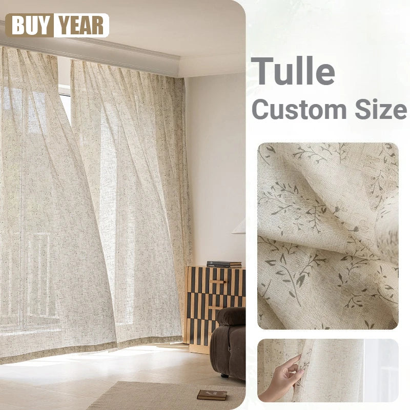 rideau beige clair motif floral moderne semi transparent salon chambre