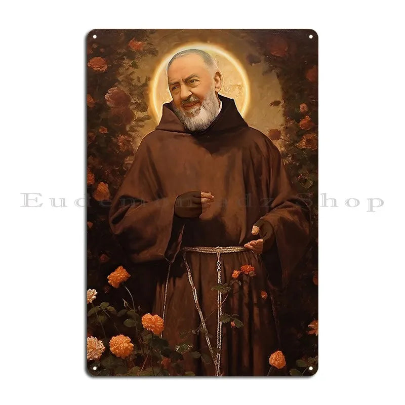 plaque métallique vintage saint padre pio illustration religieuse pré perçus marron foncé cadre floral