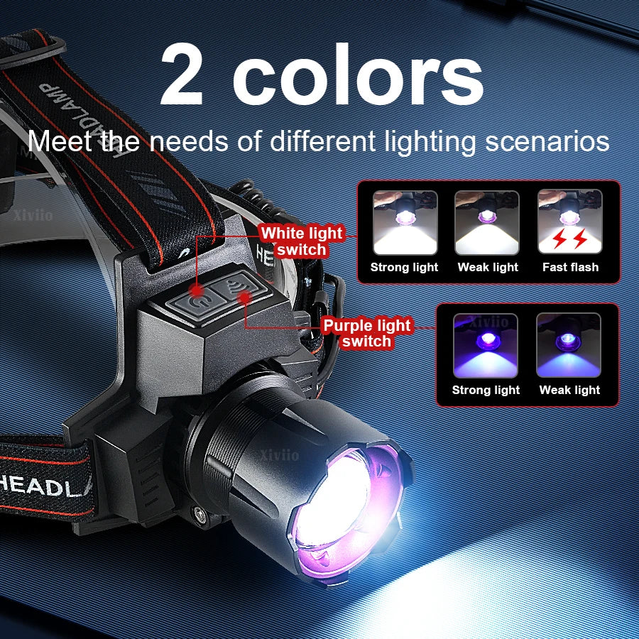 lampe frontale led rechargeable uv 395nm zoomable tactique camping chasse pêche