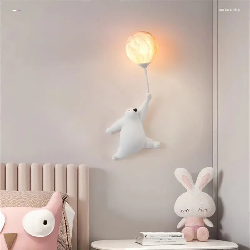 lampe murale moderne ours blanc bleu rose animalier led chambre coucher chevet decoration murale