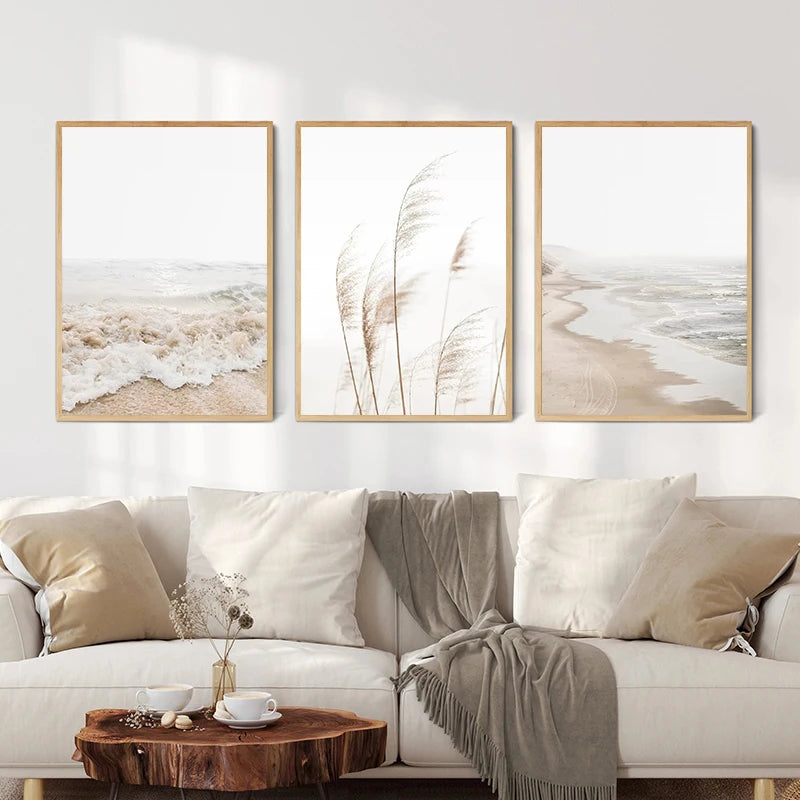 affiche paysage marin feuilles plantes minimaliste nature beige blanc gris toile imprimée sans cadre