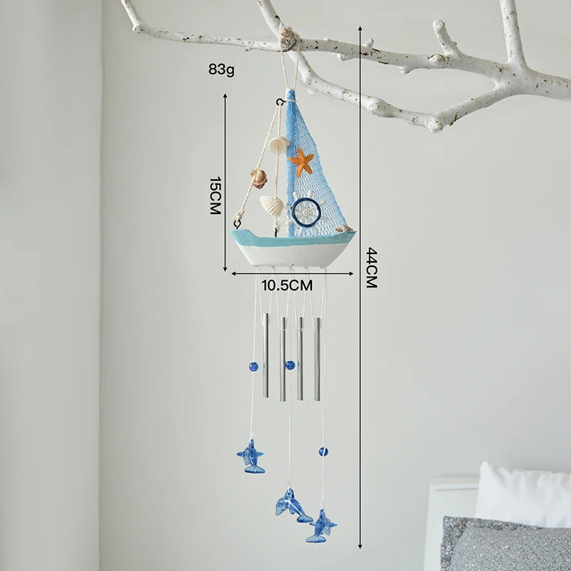 mobile vent thème marin motifs maritimes roue bateau coquillages étoiles mer bleu blanc orange