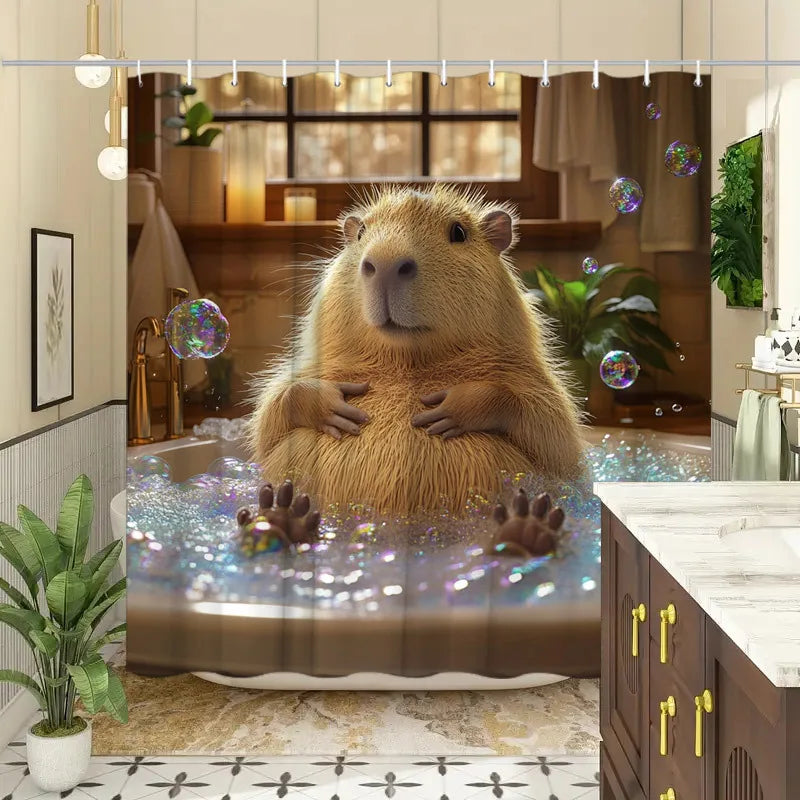 rideau douche polyester moderne capybara bulles marron clair beige blanc 70.8x180cm crochets