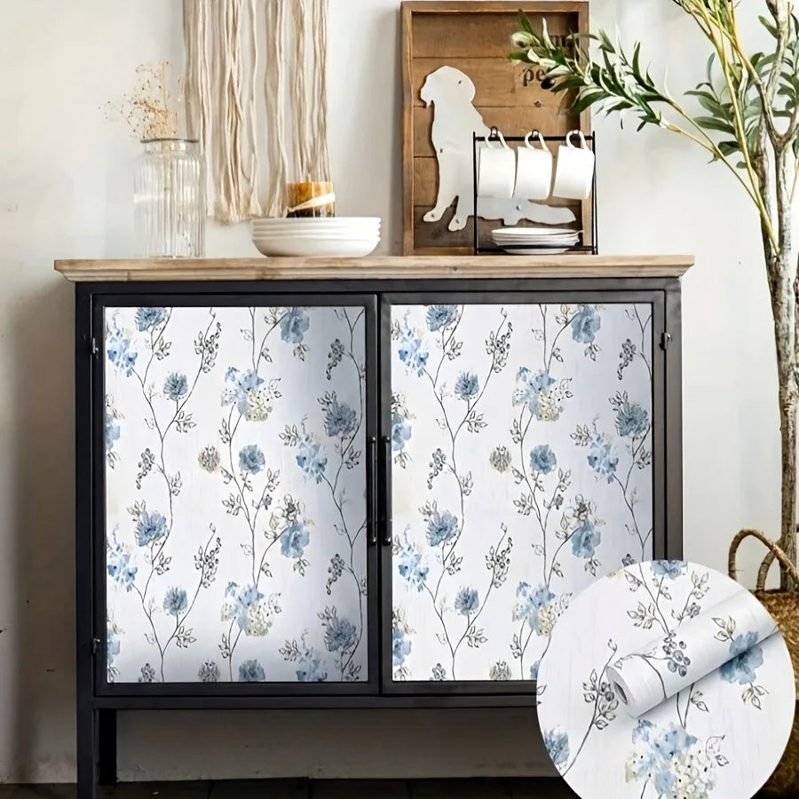 papier peint fleuri bleu classique adhésif amovible fleurs feuilles stylisées moderne muette