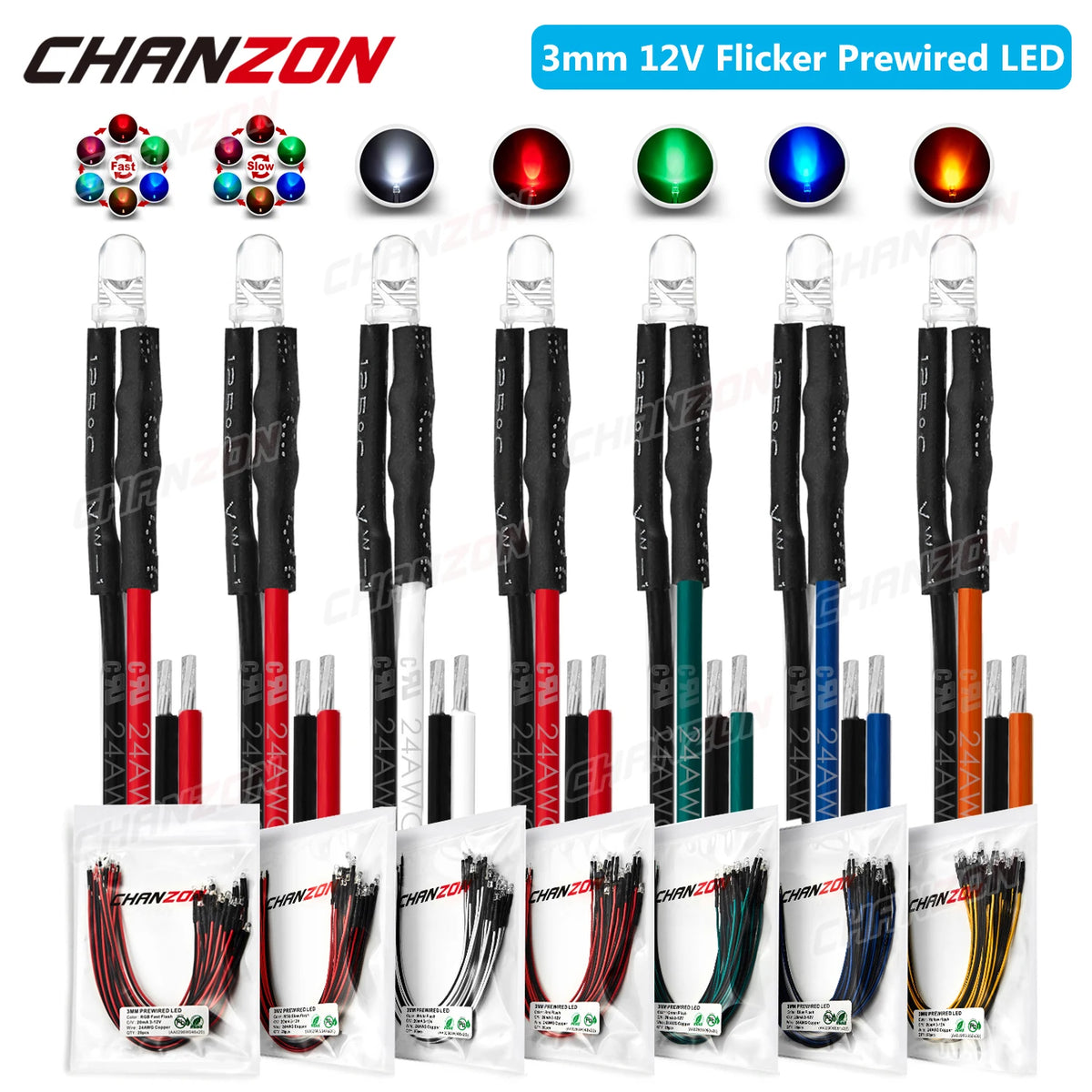 LED prébranchées multicolores clignotantes 12V noir rouge blanc vert bleu jaune transparent moderne