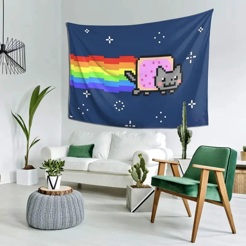 tapisserie pop art chat nyan arc ciel bleu rose géométrique grande dimension chambre decoration