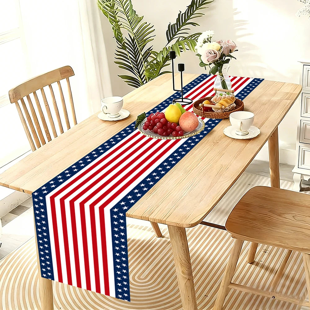 table runner polyester rouge blanc bleu motifs rayés étoiles drapeau américain anniversaire fête indépendance