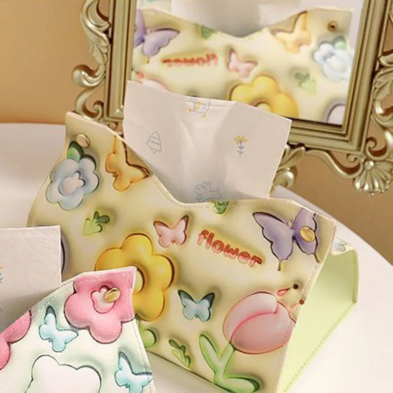 boîte mouchoirs cuir fleurs reliefs papillons couleurs vives chambre salon