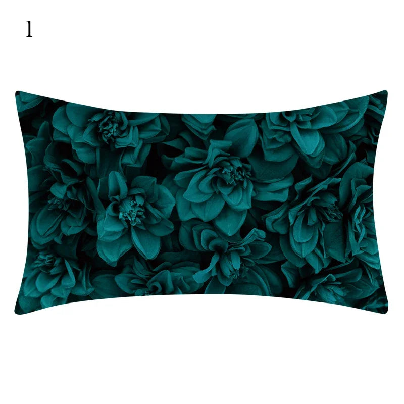 coussin rectangulaire vert feuilles tropicales motifs géométriques moderne oreillettes polyester 30x50cm