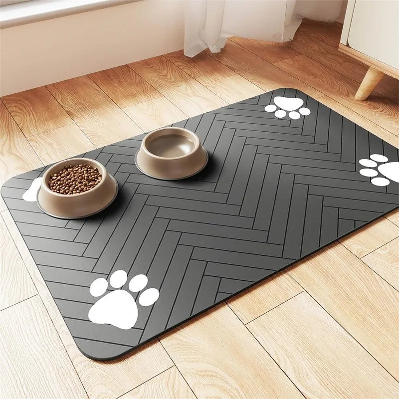 tapis nourriture animal compagnie gris rayures pattes moderne 12x16 16x20 16x24 deux bols