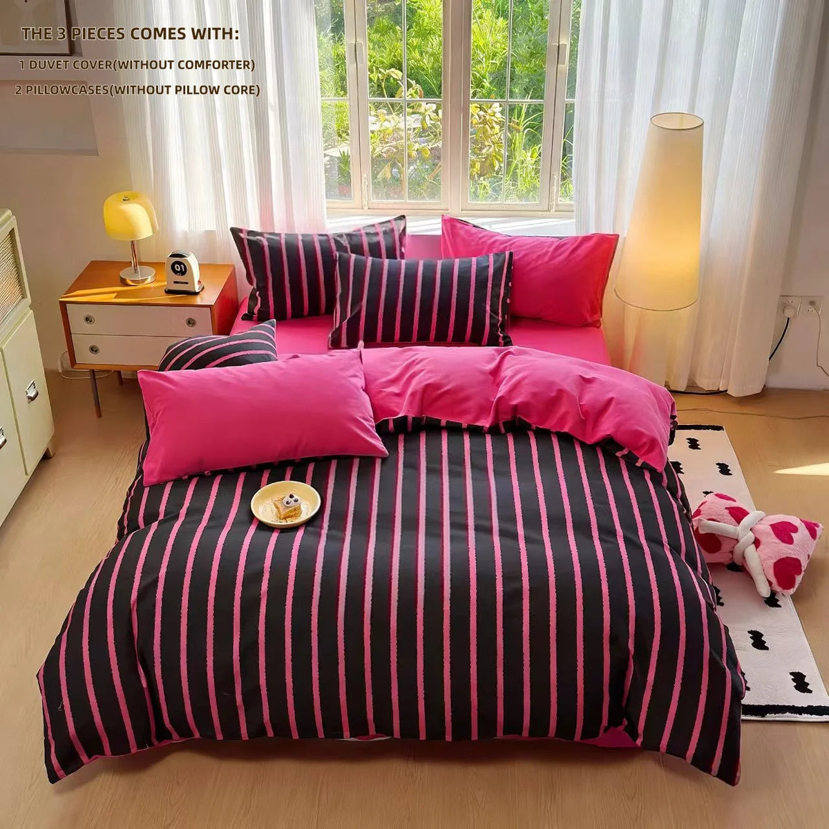 housse couette rayée rose vif noir pièces lit moderne 100 polyester doux