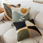 taie d'oreiller géométrique abstraite brodée vert beige boho chic coussin tufté 45x45cm motifs linéaires