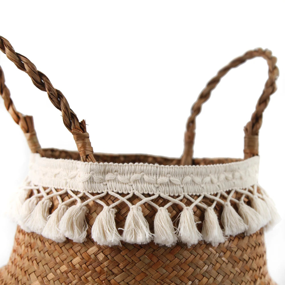 panier tissé marron clair franges blanches boho rangement réutilisable respectueux environnement