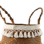 panier tissé marron clair franges blanches boho rangement réutilisable respectueux environnement