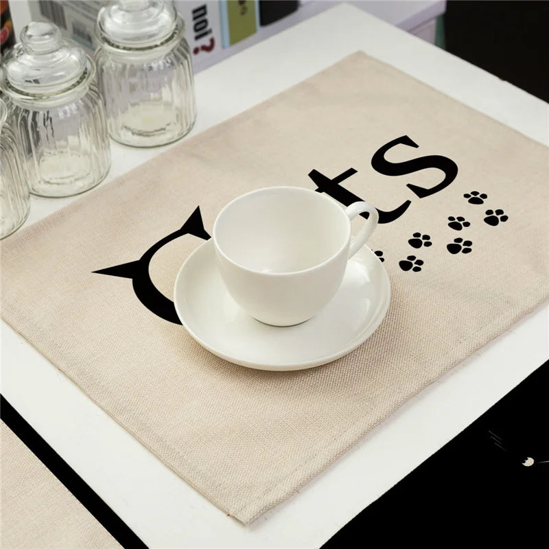 serviette table rectangulaire lin beige motif chat noir coeur décoration cuisine moderne classique