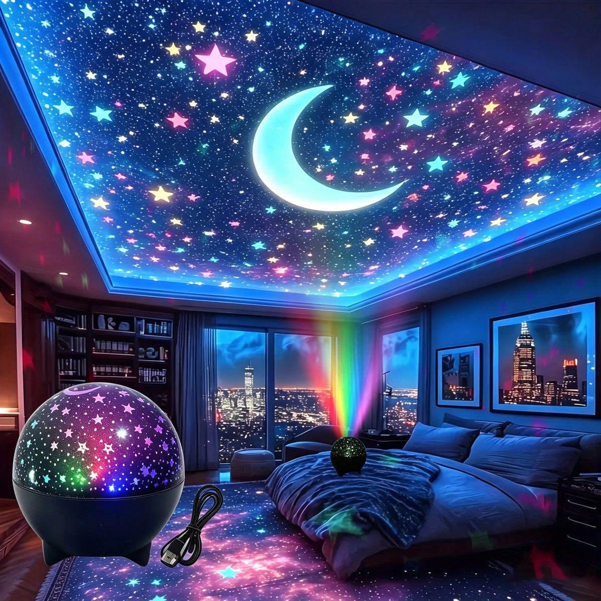 projecteur étoiles lune éclairage rgb changement couleurs automatique câble usb adhésif moderne décoration chambre