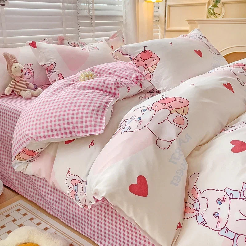 ensemble literie enfantin lapins coeurs rose blanc adorable housse couette taies oreillers drap carreaux