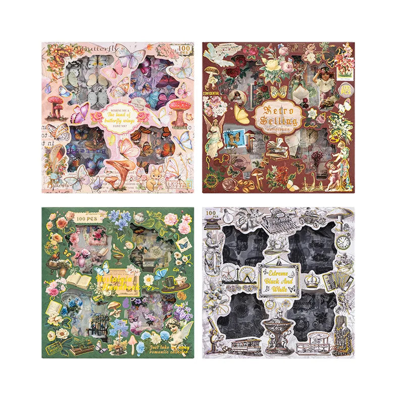 stickers vintage multicolores papier floral romantique 70x70mm ensemble scrapbooking décoration journaux