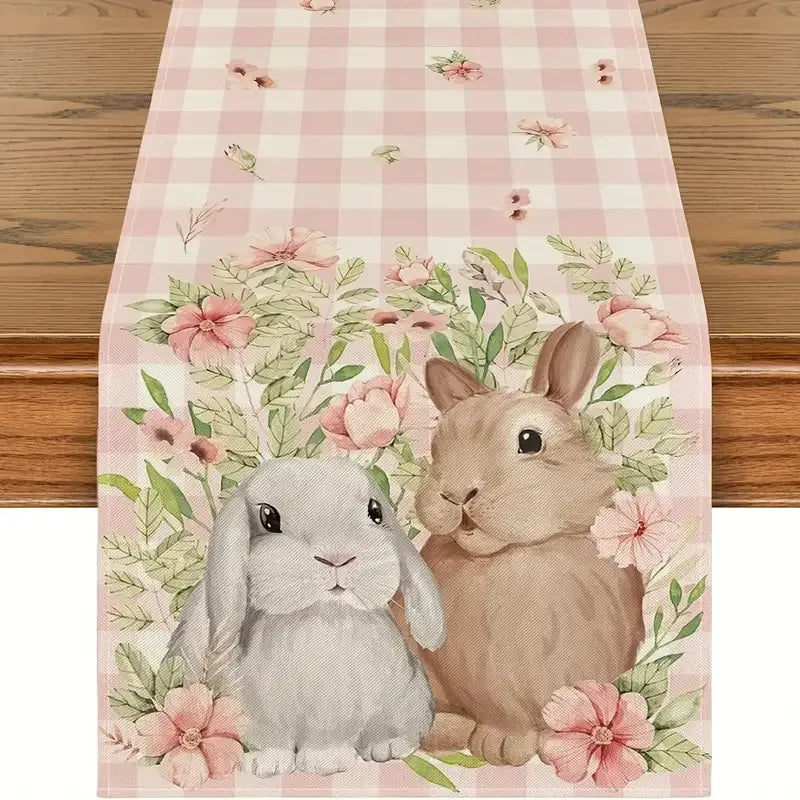 chemin table pâques lapins fleurs printemps jaune rose verte bleue pastorale imperméable polyester rectangle