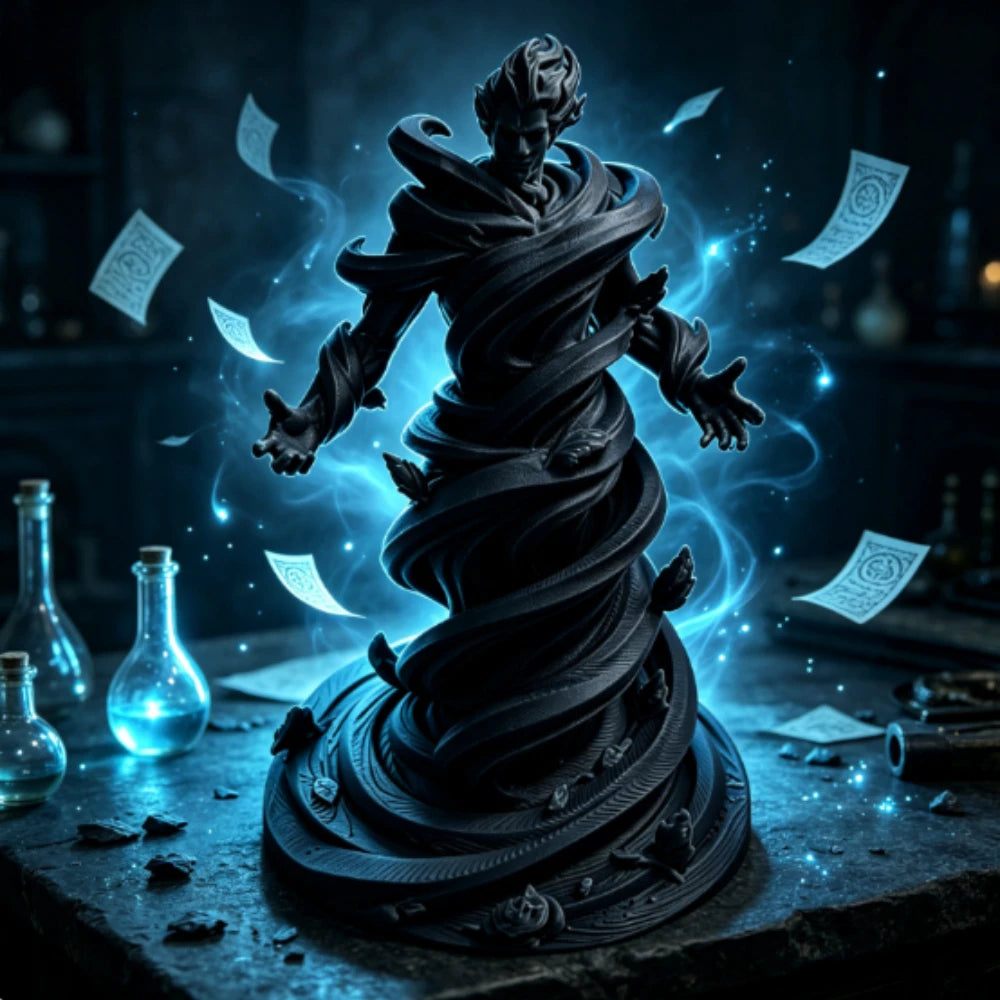 statue spirale vent fantôme noir blanc argenté artisanal main sculpté détails floraux base fantaisie