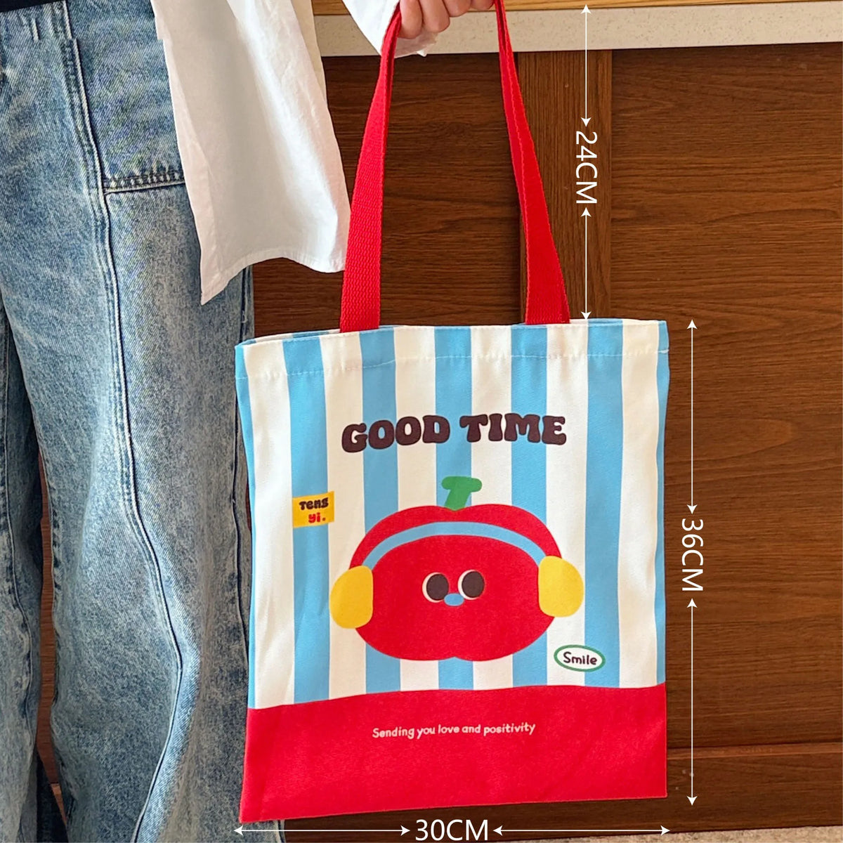 sac main toile dessins animés chat lapin pomme rayures horizontales moderne cartoon poignées détachables