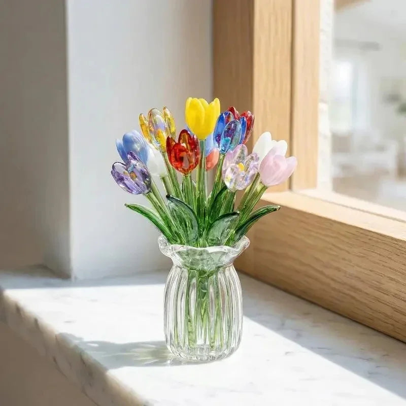 bouquet fleurs artificielles verre violet rouge blanc moderne décoration maison cadeau tulipes feuilles verte