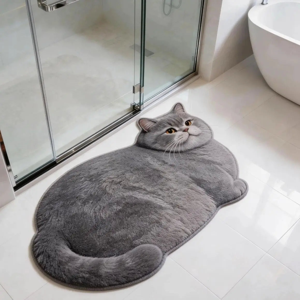 tapis bain peluche chat gris beige blanc doux absorbant salle bain décoration maison