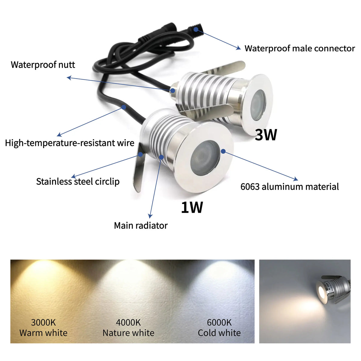lumière sous terrain led 1w 3w ip67 argentée moderne fil résistance opaques aluminium