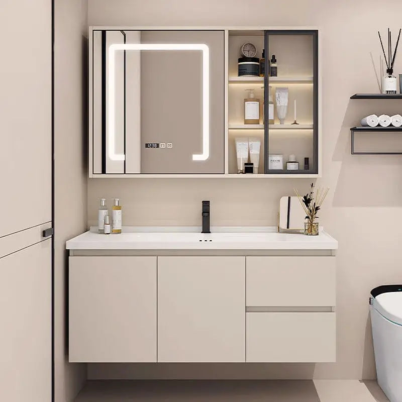 meuble salle bain moderne miroir tiroirs rangement céramique intégré beige clair fixé mur 100cm
