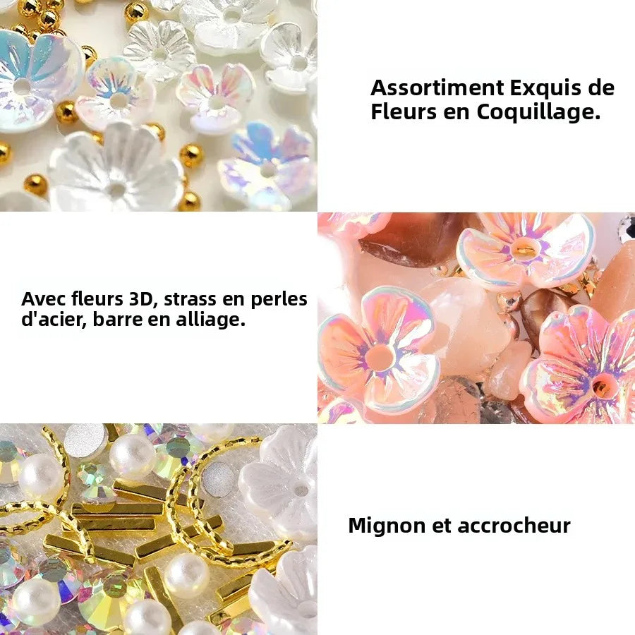 accessoires nail art fleurs blanc doré irisées strass coquillage japonais