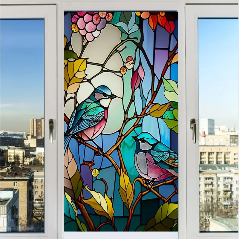 sticker décoration fenêtre vitrail oiseaux fleurs bleu rouge vert transparent art maison