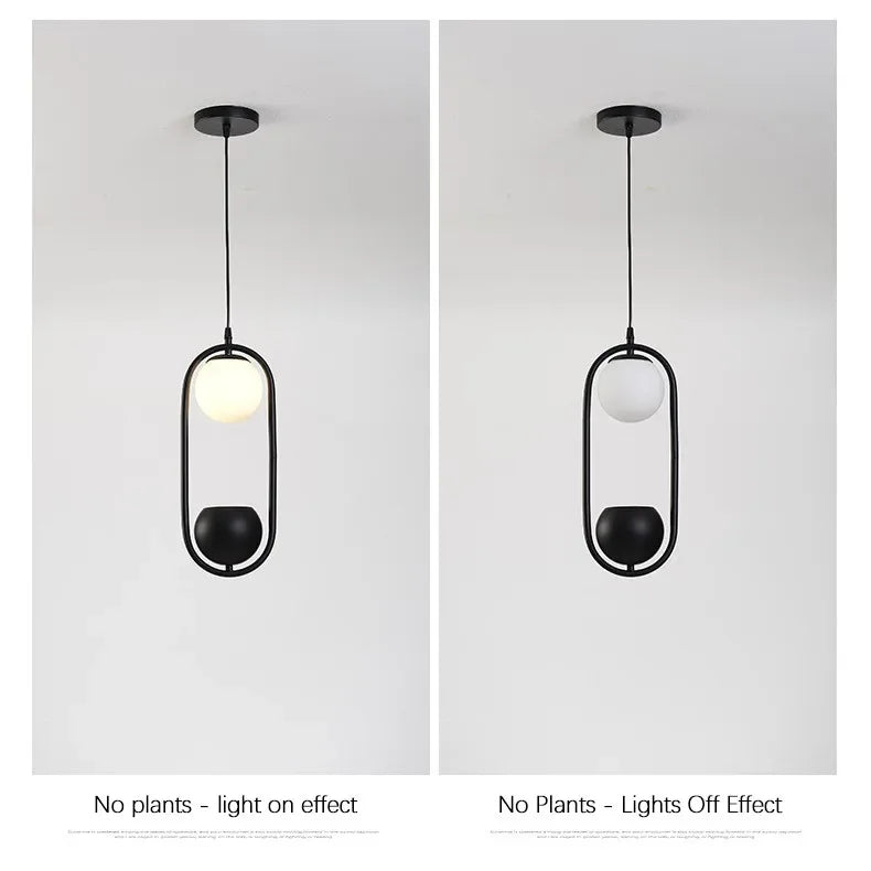 suspension végétale moderne plante artificielle lumière sphère lumineuse noir blanc vert minimaliste