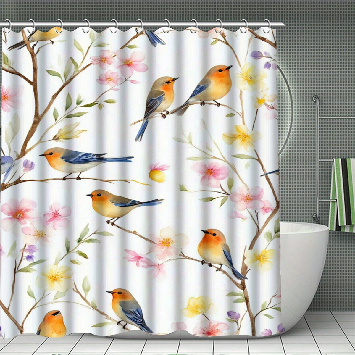 rideau douche fleuri papillon polyester respectueux environnement classique romantique anneaux métalliques
