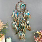décoration intérieure attrape rêves boho plumes fil coton tressé marron bleu blanc gris