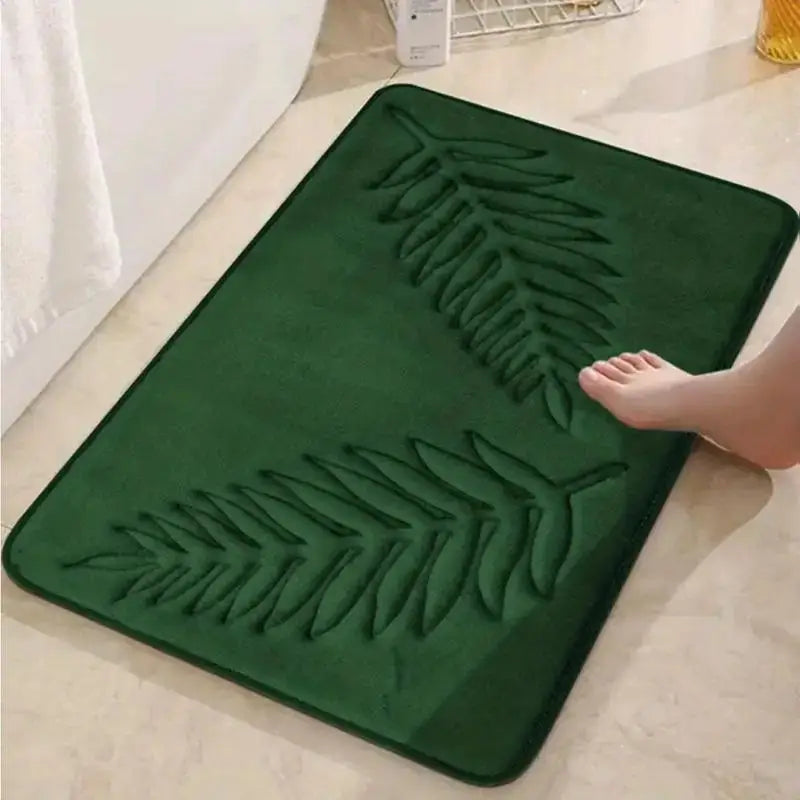 tapis bain mousse mémoire forme antidérapant machine lavable doux feuilles stylisées moderne vert foncé
