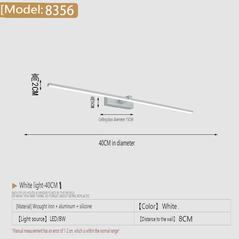 lampe miroir moderne noir blanc led mur 40cm 60cm 80cm 100cm