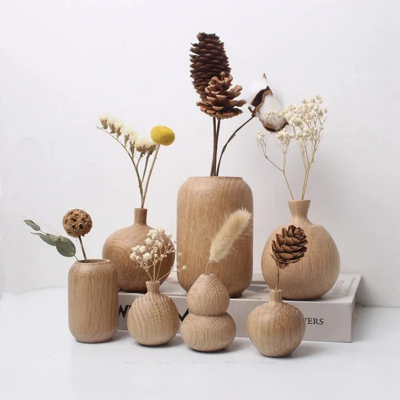 vases bois naturel minimaliste modernes texture gravée fleurs séchées décoration maison salon
